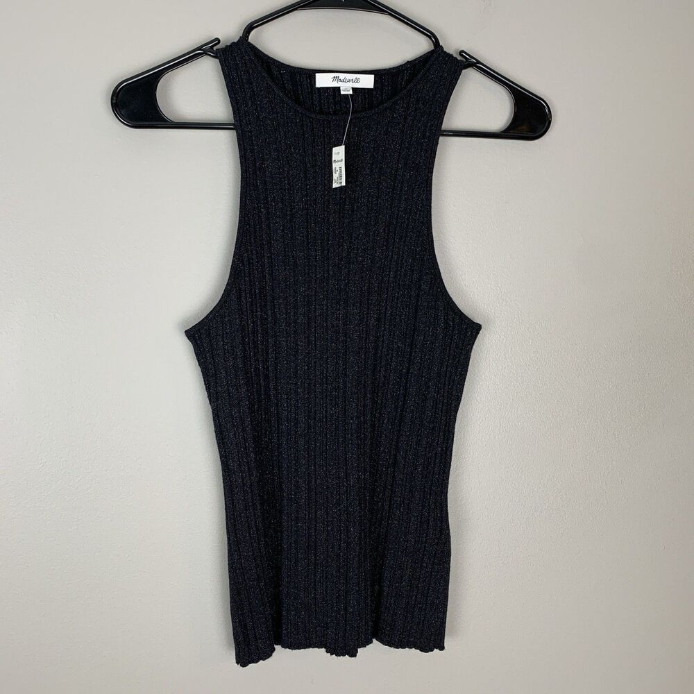 NWT Madewell Crop Tank Top Medium Black Shimmer Cross straps Stretch Sleeveless